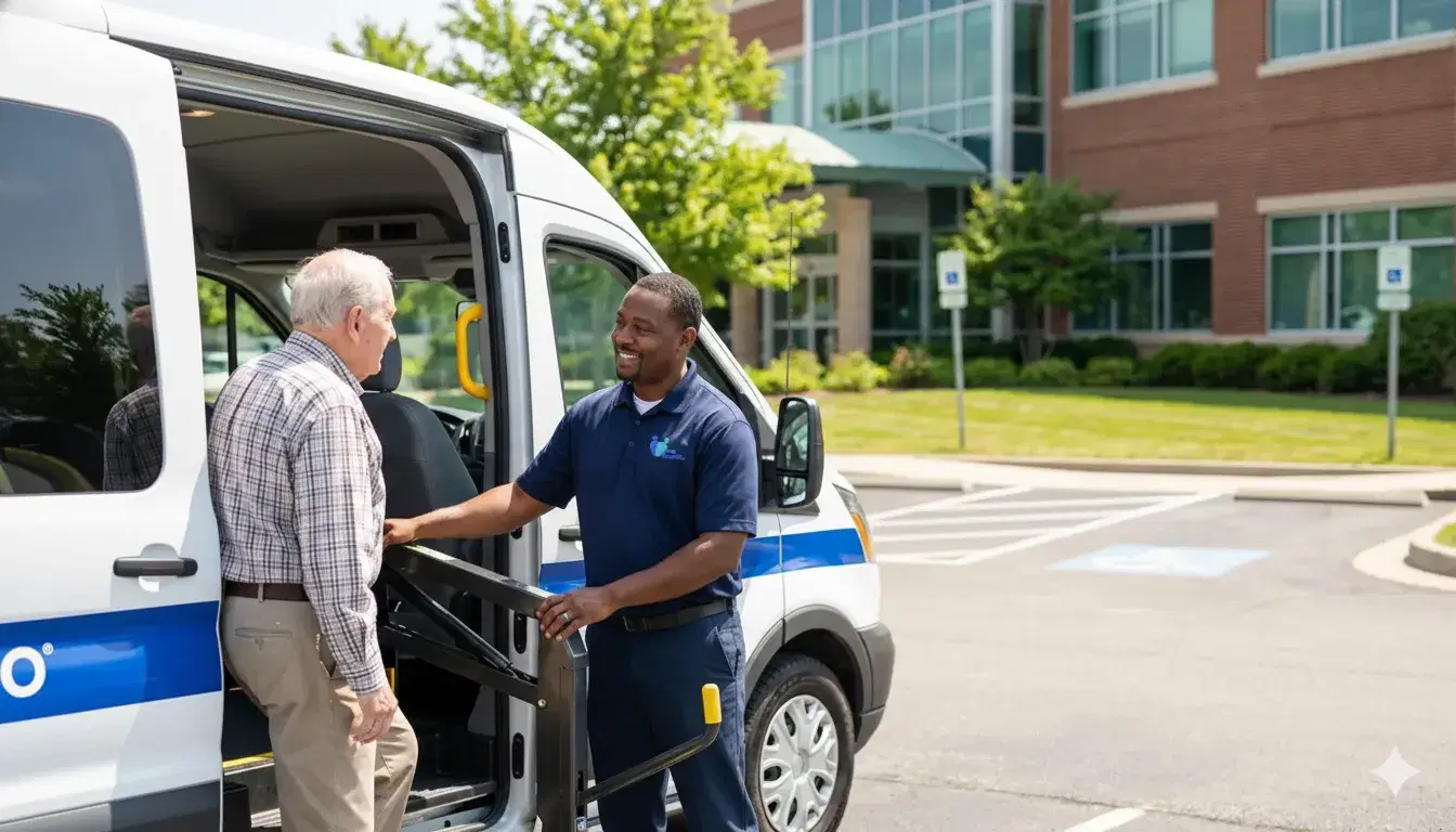 Dream Care Rides NEMT driver assisting elderly passenger into accessible medical transport van