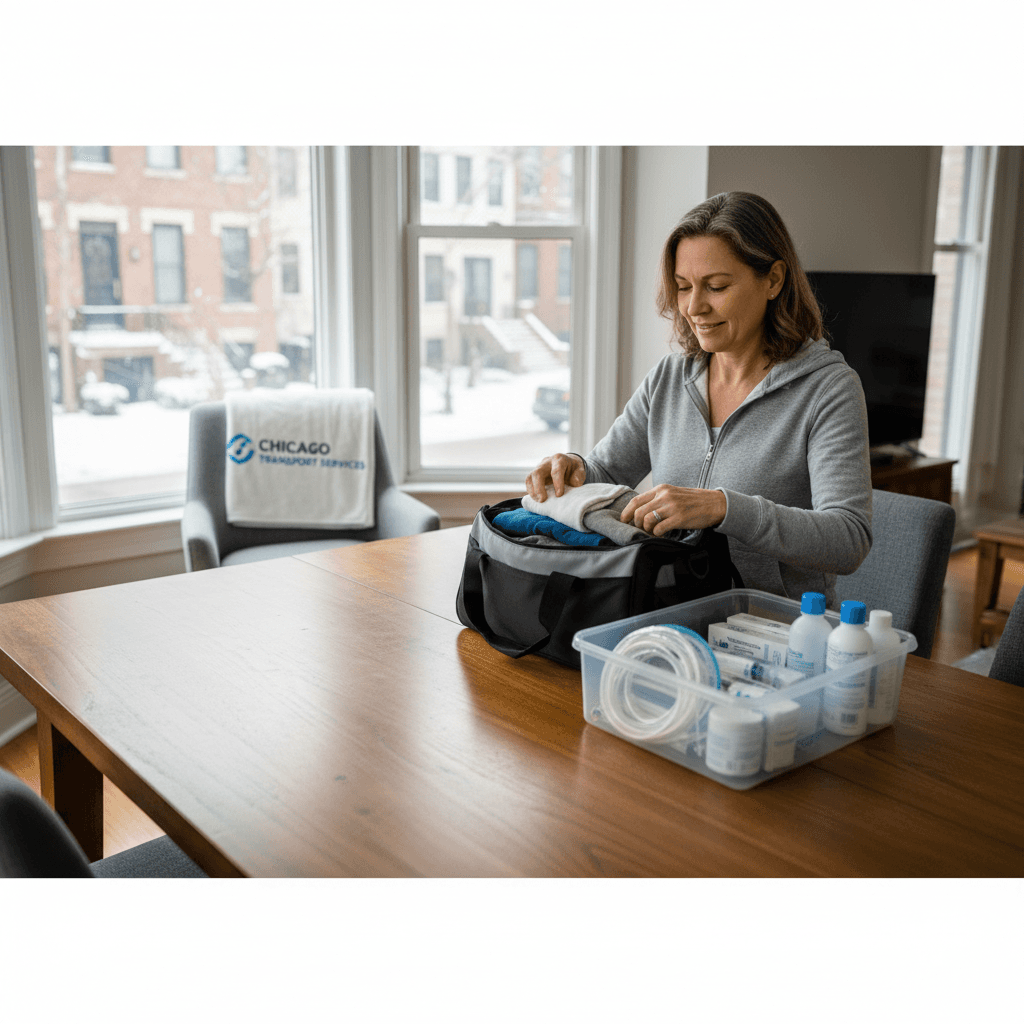 Dialysis patient preparing medications and insurance card before a Dream Care Rides pickup in Chicago