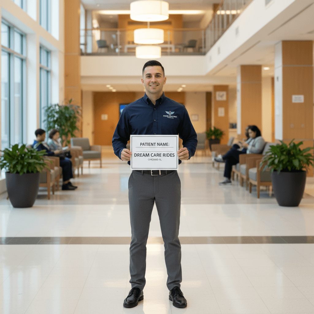 Discharge coordinator reviewing transport logistics with patient family at a Chicago hospital