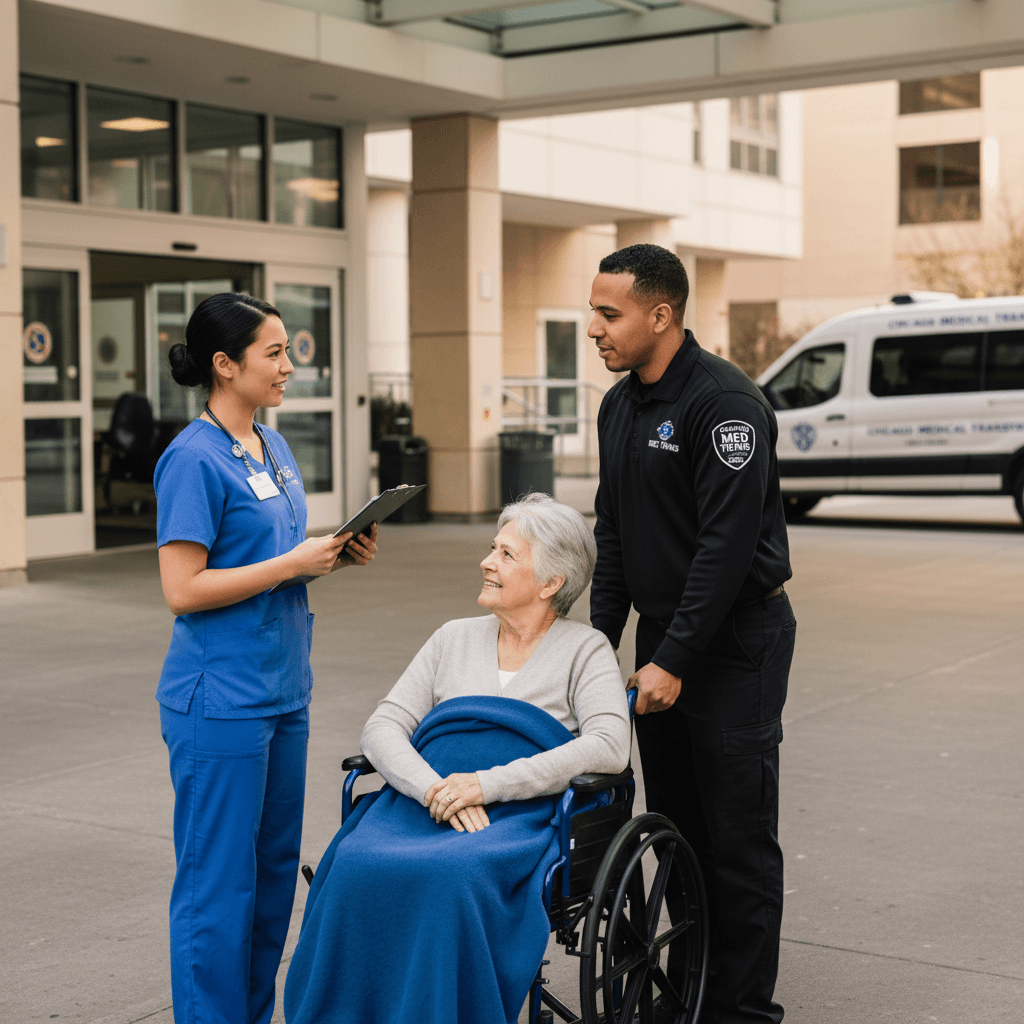 Dream Care Rides driver assisting patient with wheelchair during hospital discharge handoff