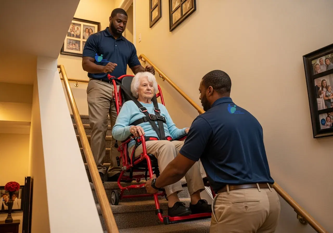 Two Dream Care Rides attendants safely assisting a patient down stairs using a specialized stair chair