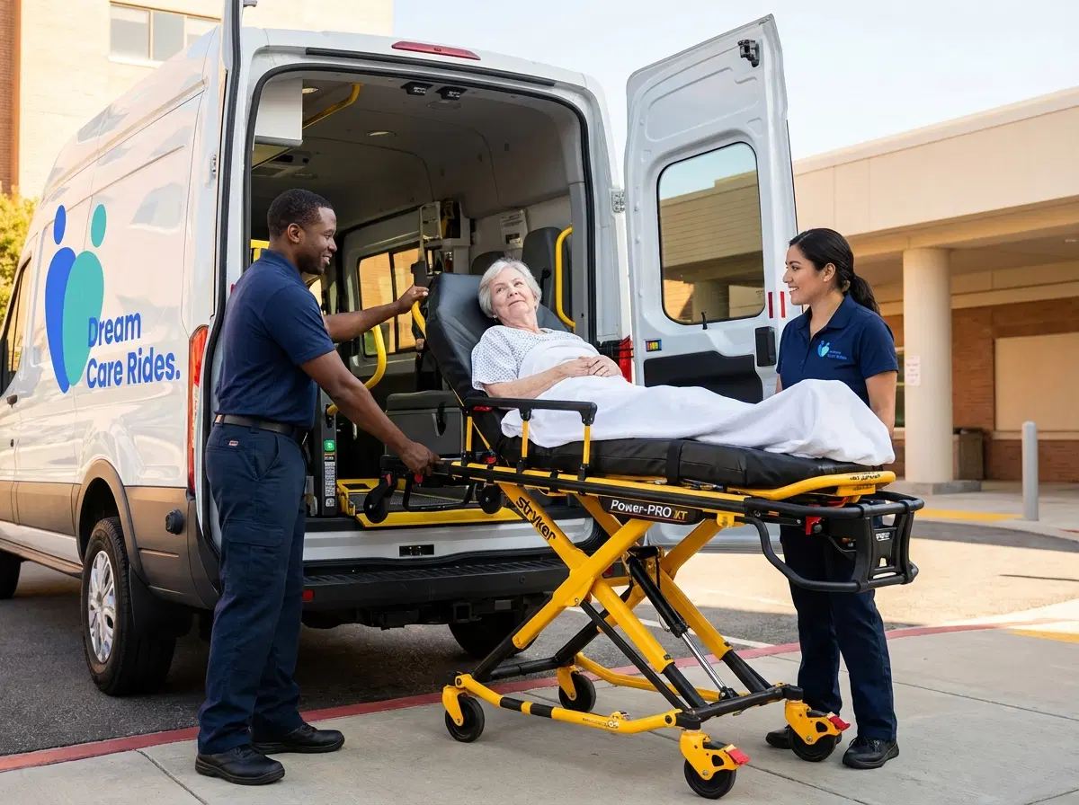 Dream Care Rides gurney transport service — attendants with Stryker Power-PRO in hospital corridor