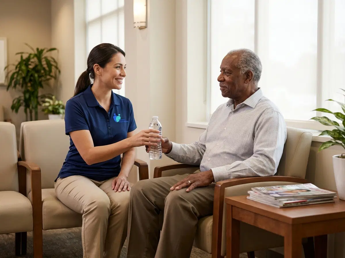 Dream Care Rides attendant providing compassionate care to elderly patient in medical waiting room