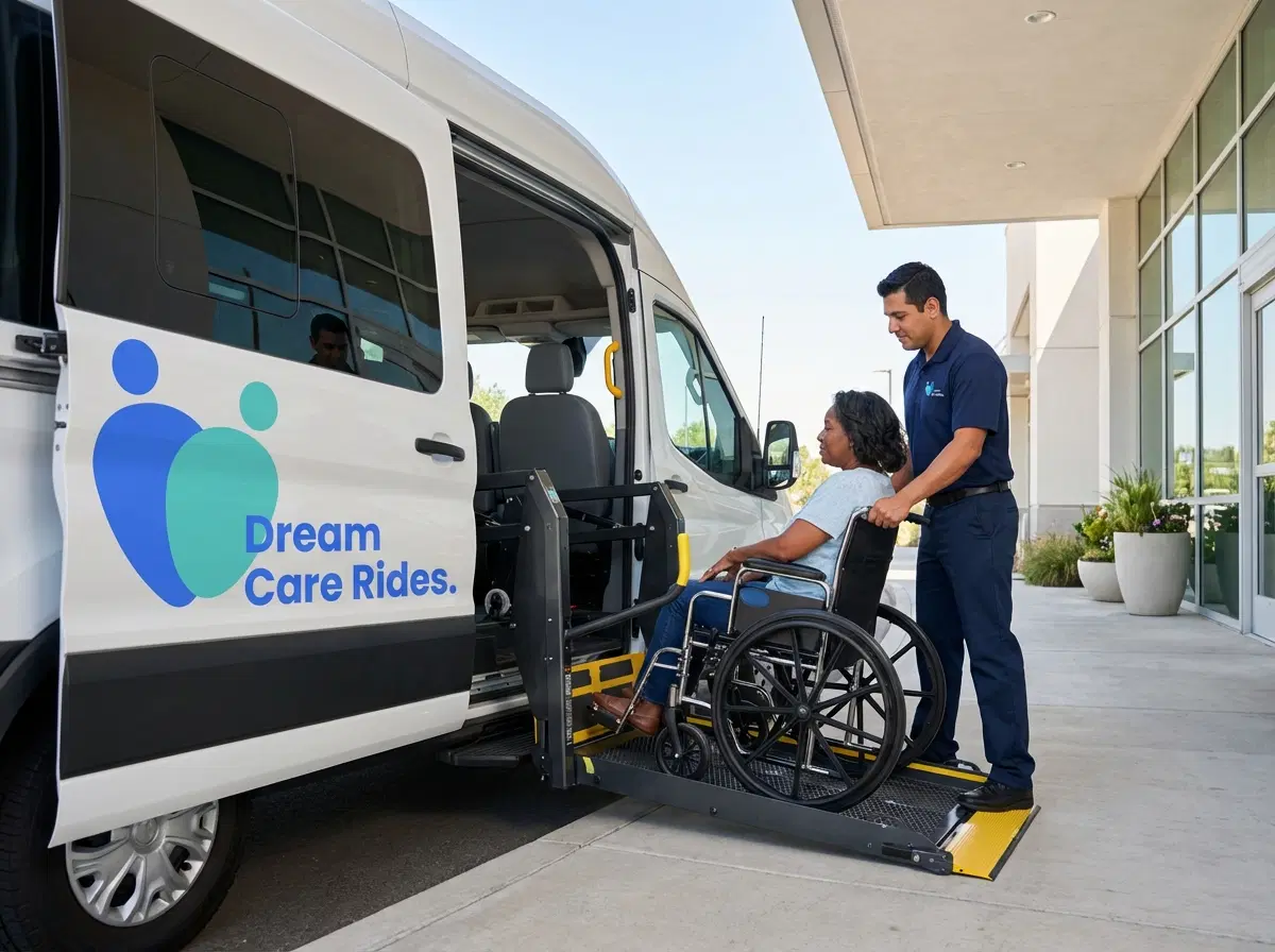Wheelchair accessible NEMT van with hydraulic ramp at dialysis center — Dream Care Rides